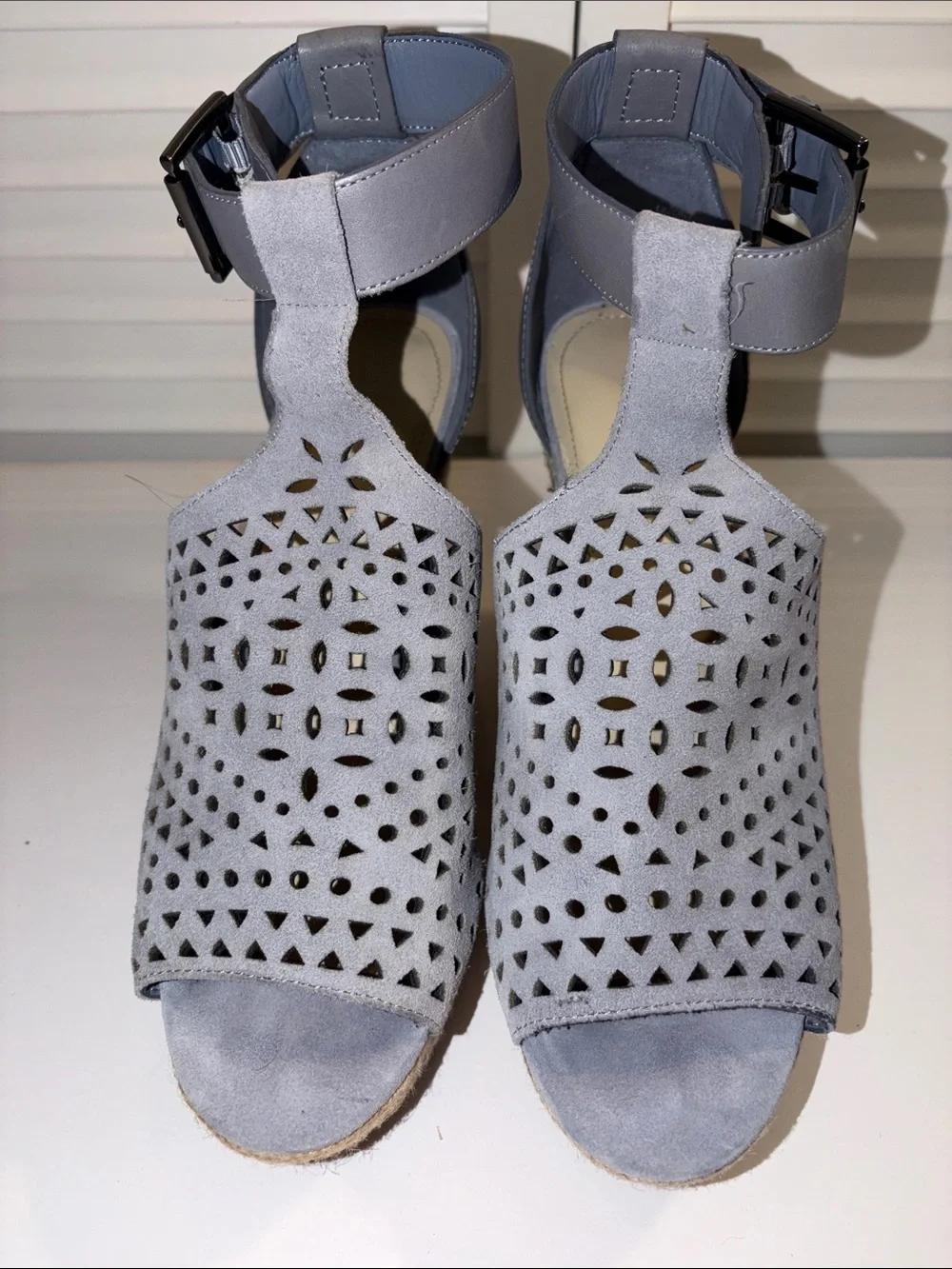 Marc Fisher Hasina Light Blue Suede Wedge Sandals Open Toe Espadrille SZ 8.5